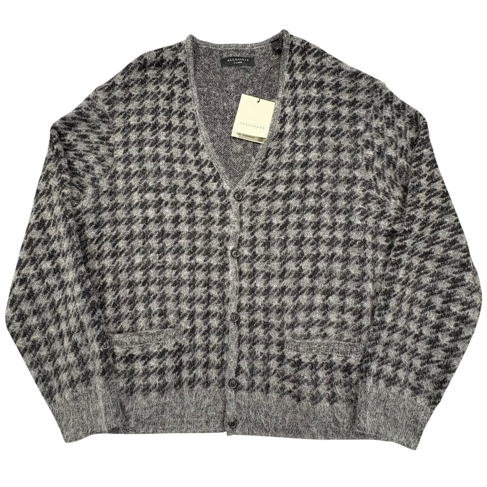 AllSaints Zain Houndstooth Cardigan Mens XL Charcoal Gray Wool Alpaca NWT